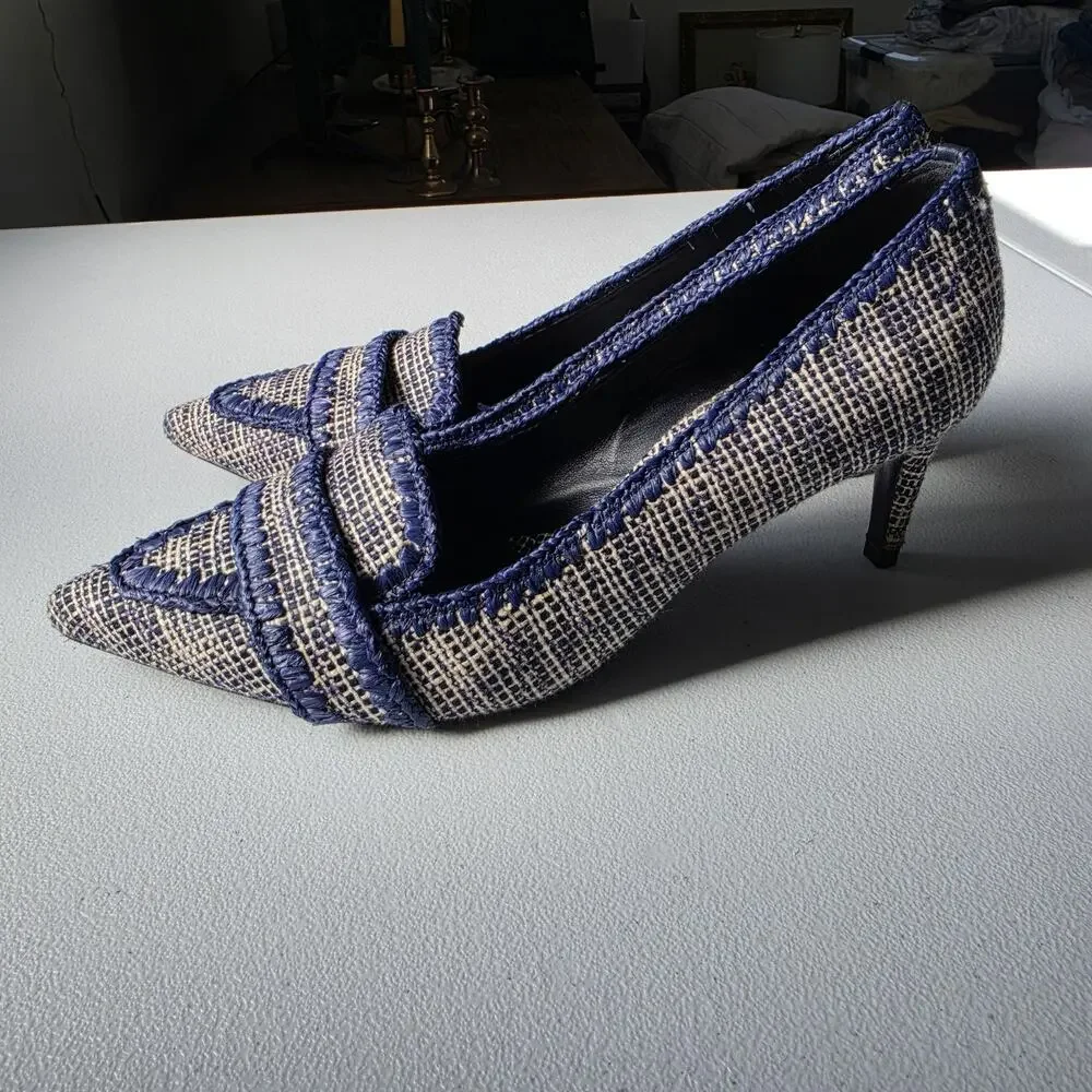 Tory Burch Shoes Womens Size 8 Blue Tweed Pointed Toe Loafer Pumps Stiletto
